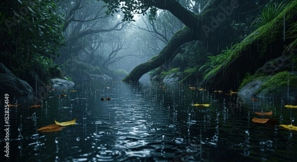 Obraz A rainy day in a lush forest with a stream and fallen leaves creating ripples on the water surface