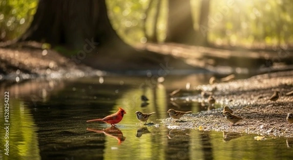 Obraz A cardinal and sparrows gather by a reflective pond in a sunlit forest setting with birds drinking