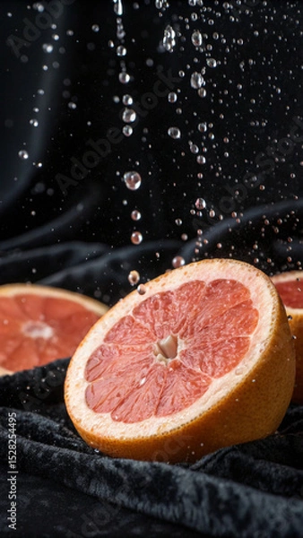 Fototapeta Freshly sliced grapefruit with refreshing water droplets on a luxurious dark velvet backdrop
