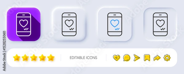 Fototapeta Phone with heart line icon. Neumorphic, Flat shadow, 3d buttons. Social media like sign. Smartphone Love message symbol. Line love chat icon. Social media icons. Vector