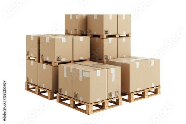 Fototapeta Set of cardboard boxes on pallets isolated on white or transparent background — perfect for logistics, shipping, warehouse, storage, and supply chain visuals.