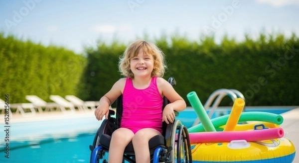Obraz A smiling girl in a wheelchair by a pool with pool noodles and an inflatable floatation device nearby