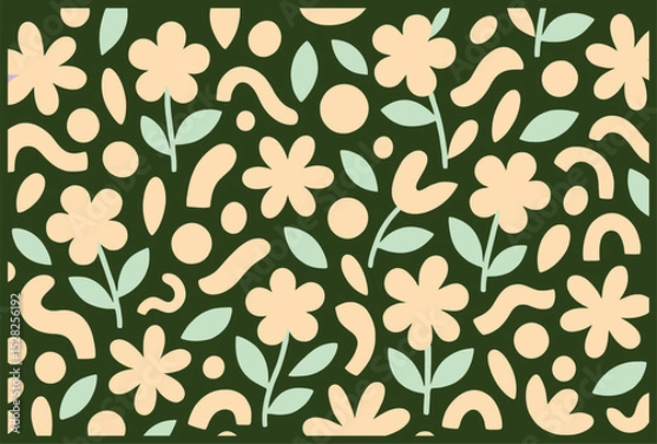 Fototapeta Retro Spring Floral Pattern Green & Peach Abstract Flower Design