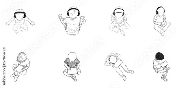 Obraz Children Using Tablets And Headphones Isometric View Outline Set. Educational And Recreational Activities Line Collection. Technology And Learning. Isolated Vector Illustration