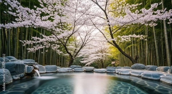 Obraz Scenic onsen with cherry blossoms and bamboo forest offering tranquility and natural beauty view spot