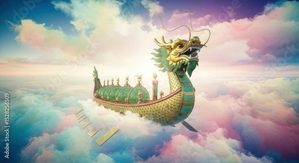 Obraz A dragon boat with a golden dragon head sailing through a colorful and cloudy sky fantasy scene art