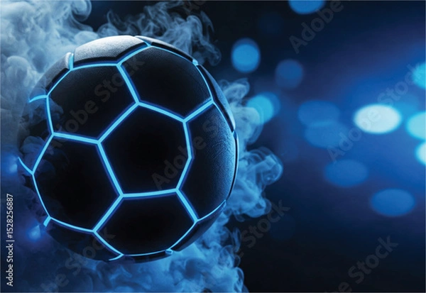 Fototapeta Soccer ball with bright blue glowing neon lines sitting. Futuristic soccer ball with glowing blue lines, dark smoky background. Copy space for tournament banner or poster on media and web.