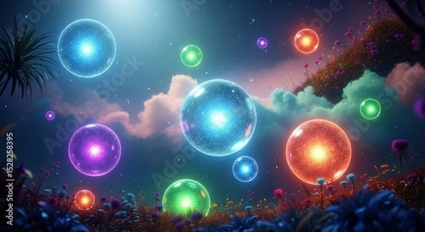 Obraz A whimsical landscape with colorful glowing orbs floating amidst flowers and cloudy skies at twilight