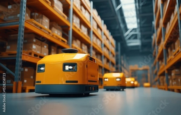 Fototapeta Automated warehouse robots efficiently transporting goods in Asia