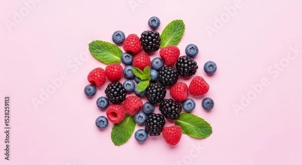 Fototapeta Flat lay of assorted fresh berries and mint leaves scattered on a light textured background. Colorful, vibrant composition highlighting natural freshness, healthy eating, and organic ingredients.
