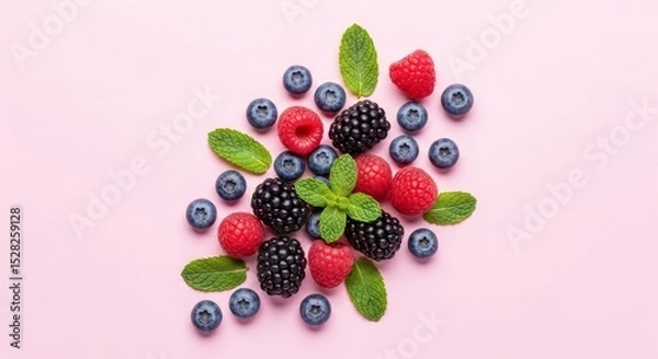 Fototapeta Flat lay of assorted fresh berries and mint leaves scattered on a light textured background. Colorful, vibrant composition highlighting natural freshness, healthy eating, and organic ingredients.