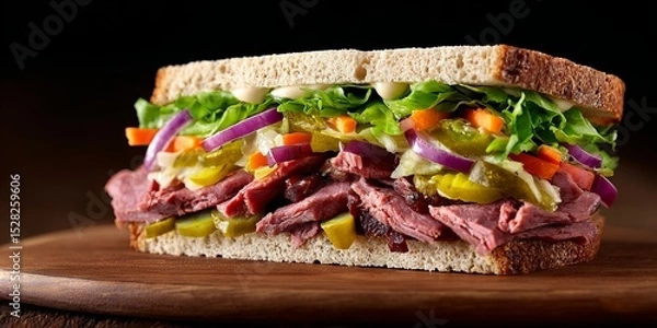 Fototapeta sandwich with smoked rib meat and vegetables 