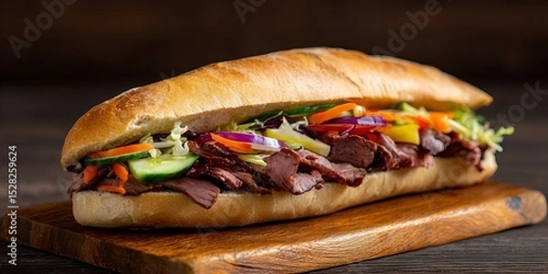 Fototapeta sandwich with smoked rib meat and vegetables 
