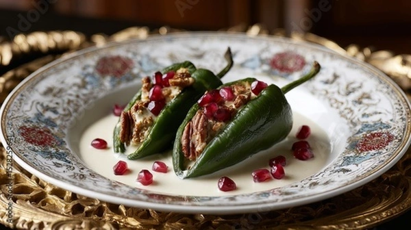 Fototapeta Chiles en nogada, stuffed poblano peppers, creamy walnut sauce, pomegranate seeds, traditional Mexican dish, elegant plating, baroque background
