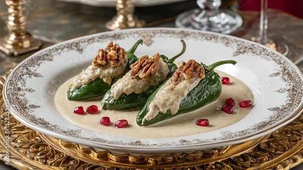 Fototapeta Chiles en nogada, stuffed poblano peppers, creamy walnut sauce, pomegranate seeds, traditional Mexican dish, elegant plating, baroque background