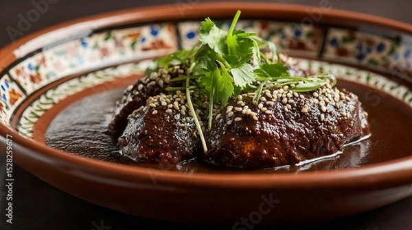 Fototapeta Mole poblano, chicken in dark chocolate chili sauce, sesame seed garnish, traditional Mexican plate ware, moody lighting