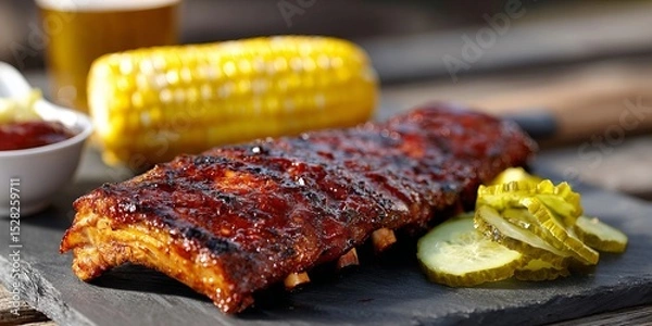 Fototapeta Barbecue pork ribs, smoky and glazed, grilled corn, pickles on the side, Southern BBQ style, outdoor picnic setup 