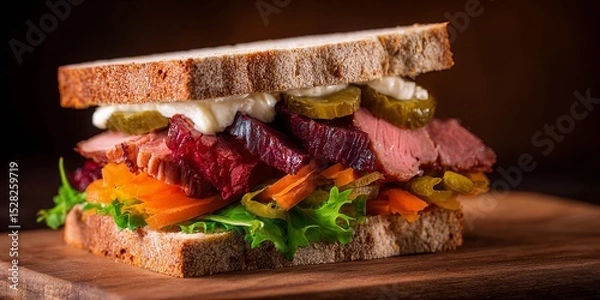 Fototapeta sandwich with smoked rib meat and vegetables 