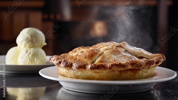 Fototapeta Homemade American apple pie, flaky golden crust, steam rising, served with vanilla ice cream, classic kitchen setting, nostalgic lighting 