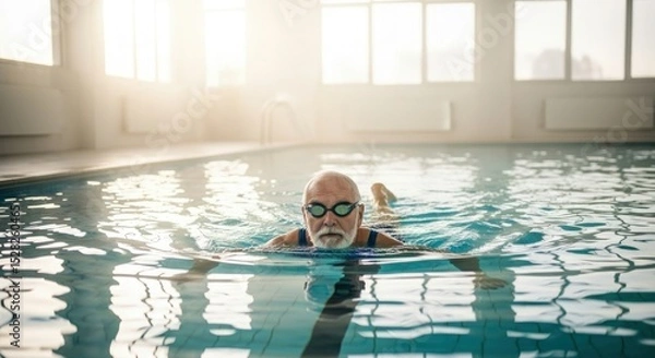 Obraz An elderly man wearing goggles swimming in an indoor pool with sunlight streaming through the windows