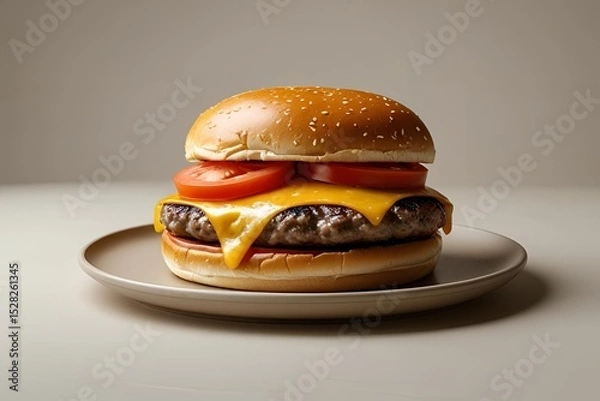 Fototapeta A tempting image of a classic cheeseburger with melted cheese, lettuce, tomato, and a toasted bun, served on a plain plate with a neutral background and soft, even lighting.