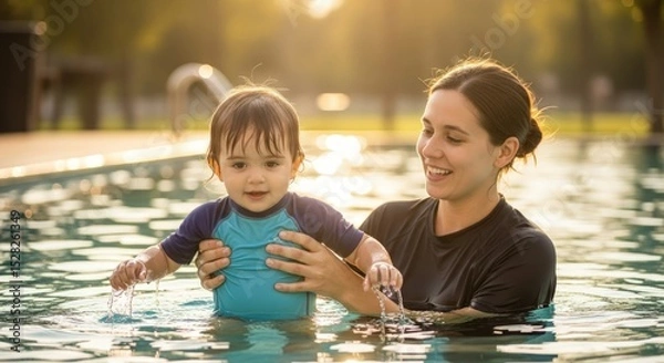 Obraz A smiling woman holding a baby in a blue rash guard in a swimming pool on a sunny day outdoors