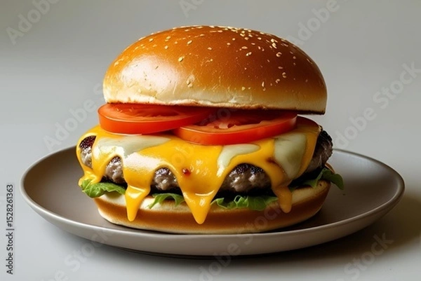 Fototapeta A tempting image of a classic cheeseburger with melted cheese, lettuce, tomato, and a toasted bun, served on a plain plate with a neutral background and soft, even lighting.