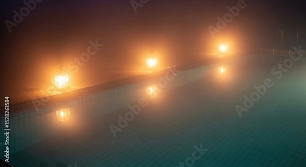 Obraz Illuminated lights reflected on water surface creating a hazy and atmospheric night time scene view