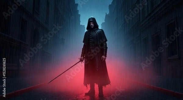 Obraz A cloaked figure stands with a red lightsaber in a dark alleyway with buildings on either side