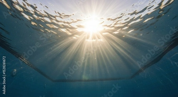 Obraz Sunlight filtering through water surface creating sunbeams in the deep blue ocean environment view from below