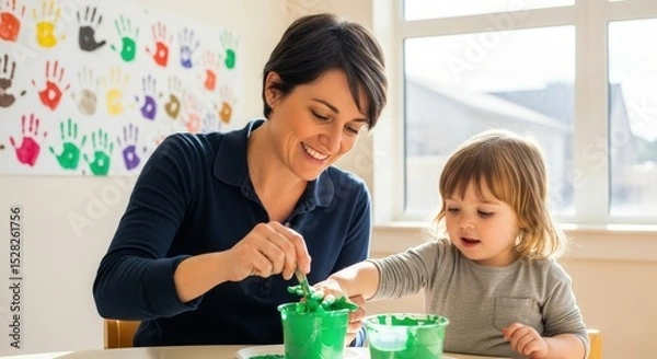 Obraz A woman and a child are painting with green paint in a bright room with handprints on the wall