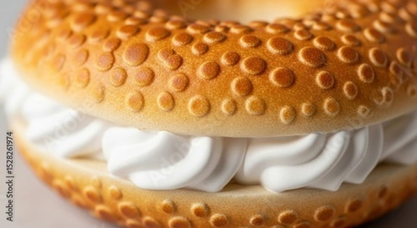 Obraz A close up shot of a bagel with cream cheese filling showing the texture and details of the food item