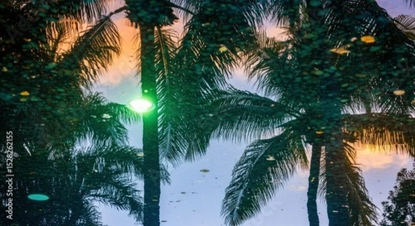 Obraz Reflection of palm trees and sunset sky with a green light flare in a water surface view scene
