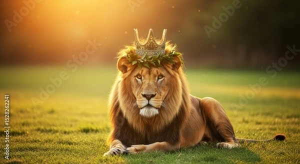 Obraz A majestic lion wearing a crown and a wreath lying down on green grass in a sunny outdoor setting