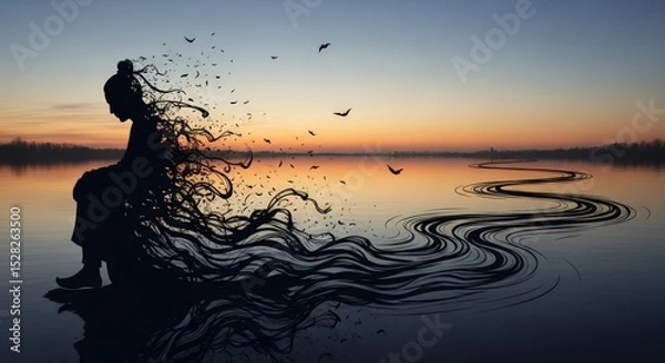 Obraz Silhouette of a woman sitting by the water with birds flying at sunset in a surreal composition