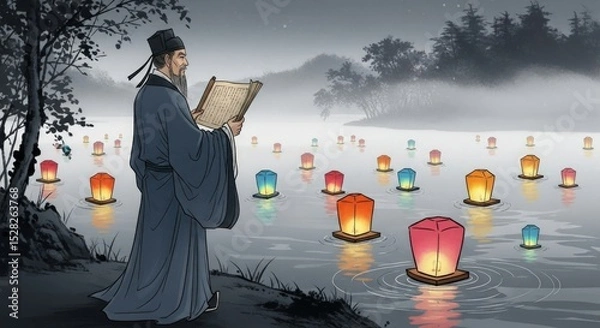 Obraz Man in traditional robe reading near lake with floating lanterns in misty landscape illustration