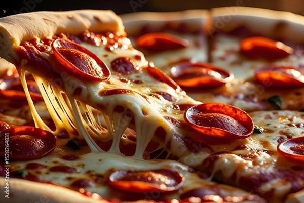 Fototapeta Hot pepperoni pizza slice with melted cheese
