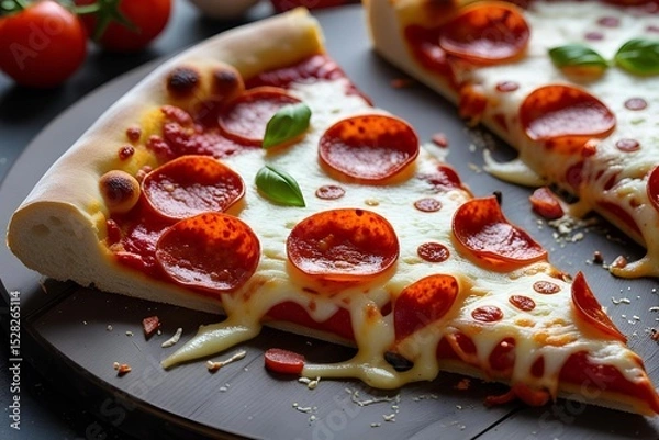 Fototapeta Hot pepperoni pizza slice with melted cheese