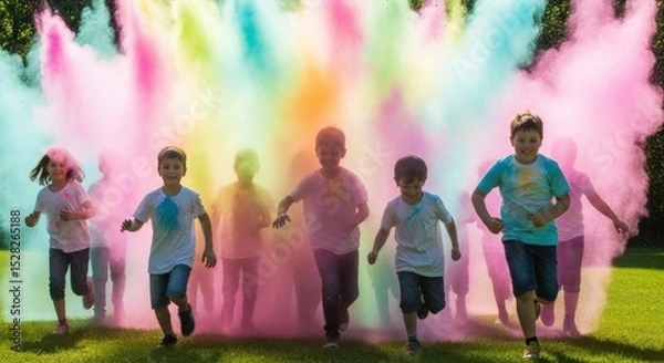 Obraz A group of children running through a cloud of colorful powder in an outdoor setting with green grass