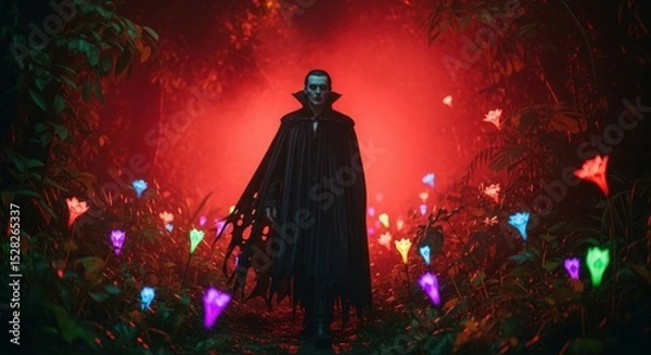 Obraz A vampire in a dark cloak standing in a field of glowing flowers under a red light in a forest scene