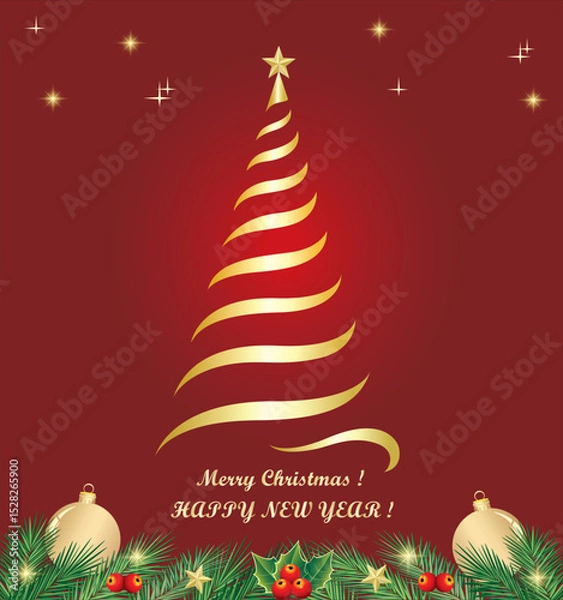 Obraz Happy New Year 2026. Holiday background with Christmas tree and decorations made of fir branches, rowan berries and balls. Vector illustration for festive design of greeting card, poster, backdrops.
