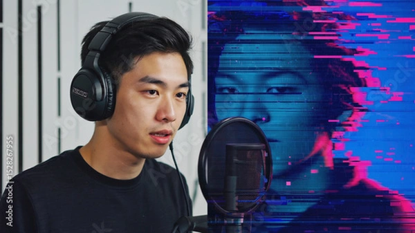 Fototapeta Asian male podcaster wearing headphones and speaking into a microphone with a digital artistic background showing a blue and pink glitch effect of the same person. Image made using Generative AI.
