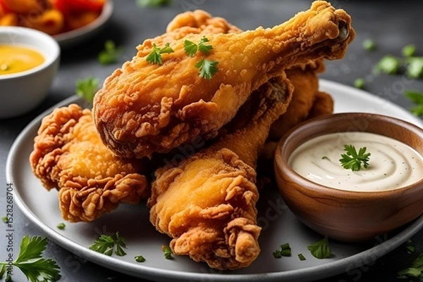 Fototapeta Golden crispy fried chicken with dipping sauce