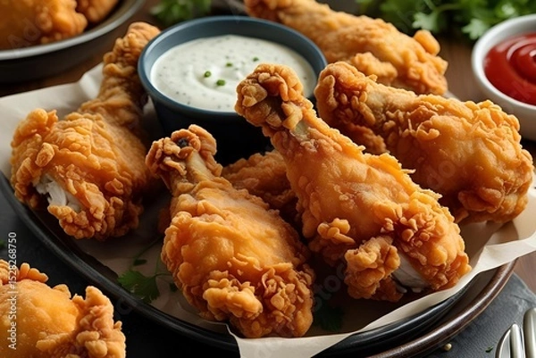 Fototapeta Golden crispy fried chicken with dipping sauce