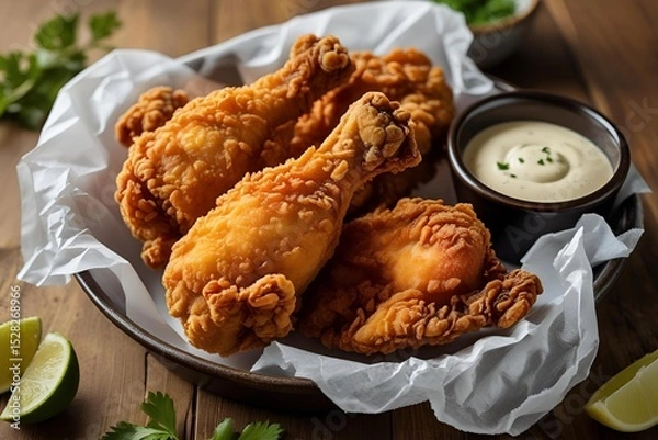 Fototapeta Golden crispy fried chicken with dipping sauce