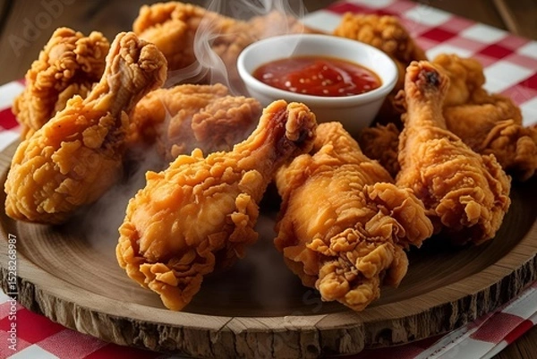 Fototapeta Golden crispy fried chicken with dipping sauce