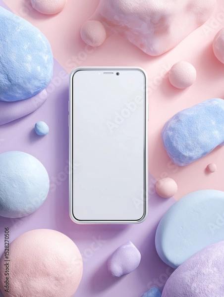 Fototapeta A pastel-themed smartphone mockup, blending tech with soft colors and organic shapes.