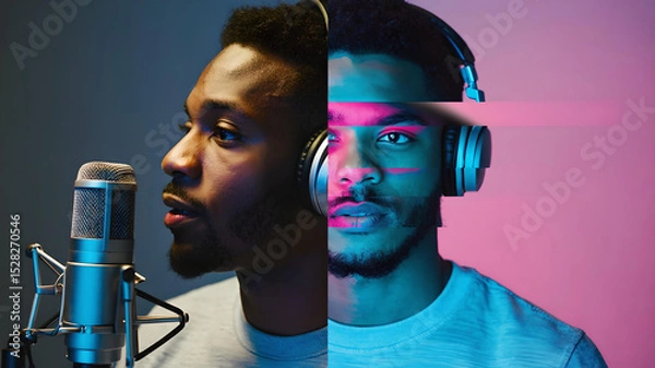 Fototapeta Dynamic split image depicting an African American man in a podcasting studio using a microphone and wearing headphones, showcasing both side profile and front view. Image made using Generative AI.