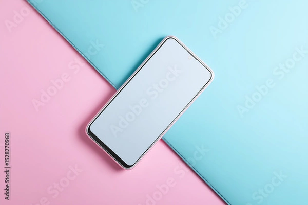 Fototapeta Smartphone mockup with blank screen on pastel pink and blue background.