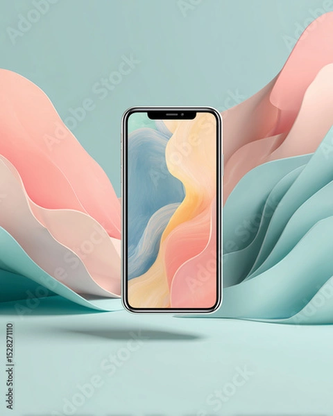 Fototapeta Modern smartphone featuring abstract digital artwork with a colorful wave-like design and a soft pastel backdrop. The futuristic device showcases cutting-edge technology with elegance.